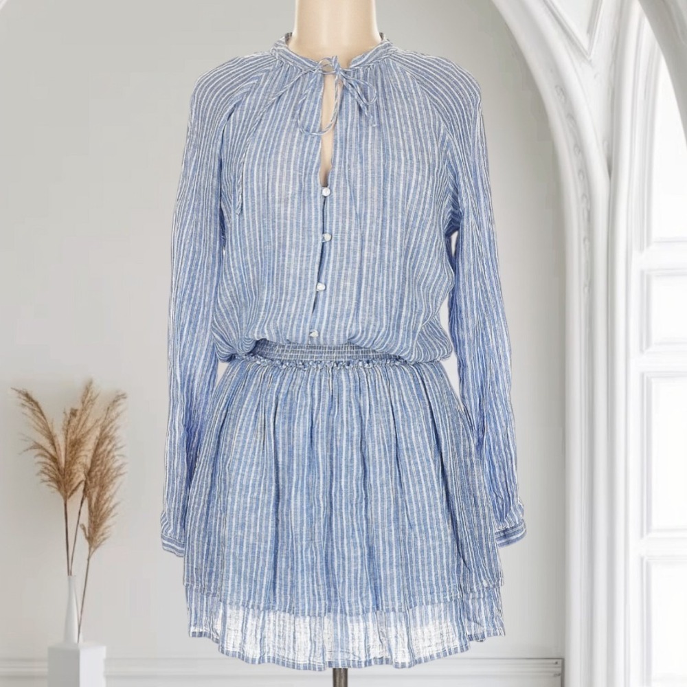 Rails Jasmine Tibet Stripe Linen Blend Smocked Long Sleeve Dress Womens M